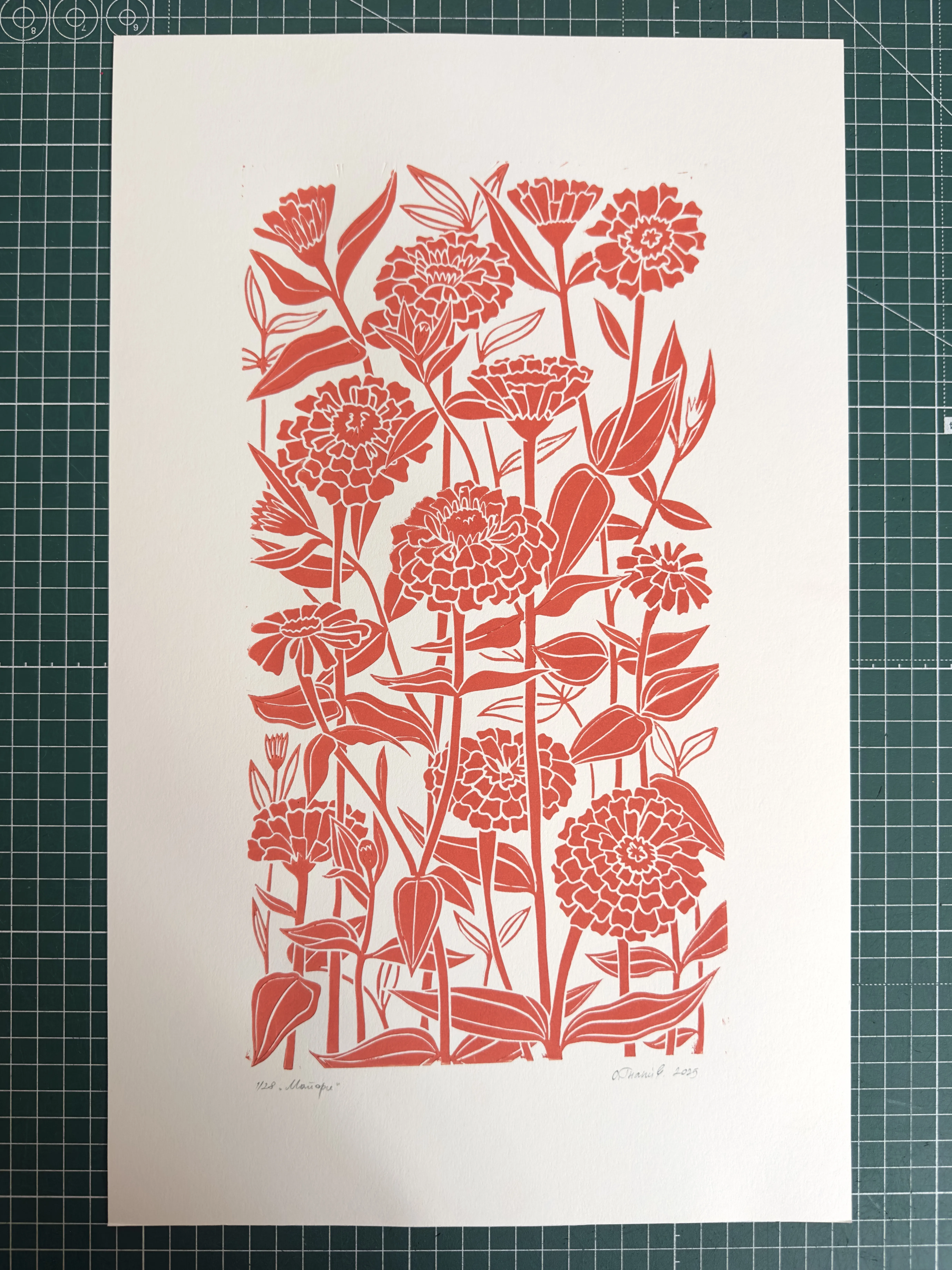 Image of Zinnias by Olha Hnativ, size: 45х28, Linocut medium, from Lviv, priced at $75